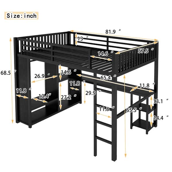 TwinXL/FullXL/Queen Size Loft Bed Frame with Built-in Wardrobe