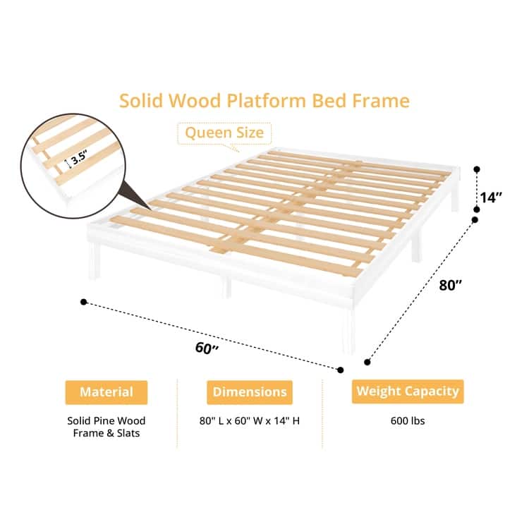 14 Inch Solid Pine Wood Platform Bed Frame No Squeak Bed Frame with Wooden Slats No Box Spring Needed