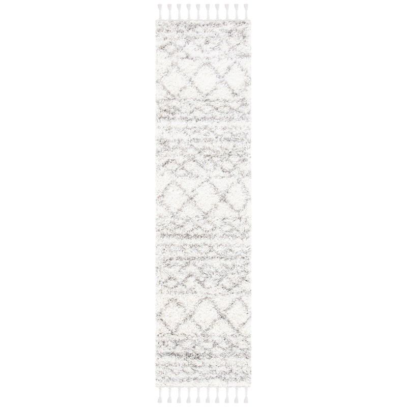 SAFAVIEH Pro Lux Shag Dottie Moroccan Tassel 2.4-inch Thick - 2' x 8' - Ivory/Grey - Runner