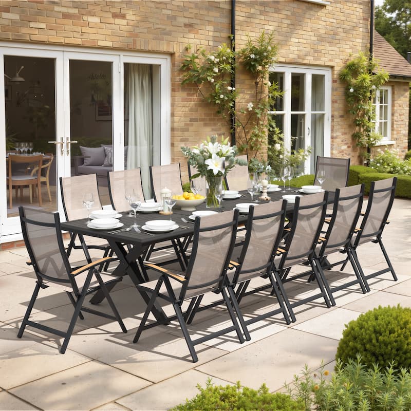 13/15-Piece Outdoor Patio All-Weather X-Shaped Aluminum Dining Set Table with Folding Chairs - 13PC-BlackTable&EsspresoChairs