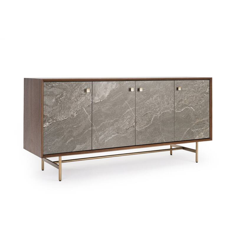 Studio London Celeste Walnut Sideboard with Ceramic Stone Doors Brass Metal Base