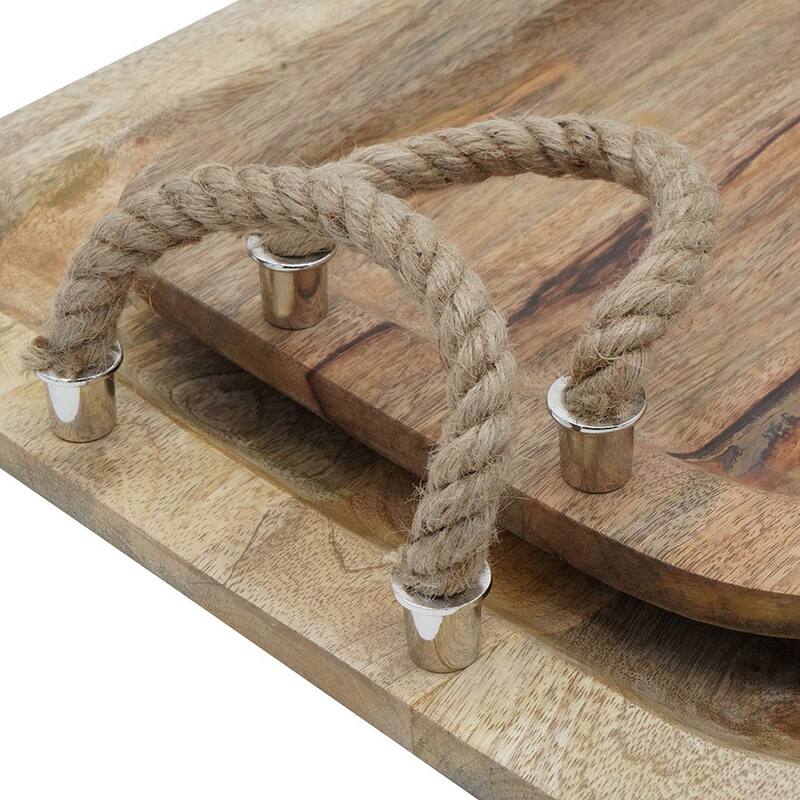 Set of 2 Mango Wood Trays, Twisted Jute Handles, Rustic Brown Texturing