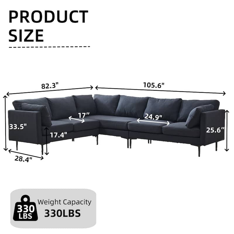 L Shaped Oversized Sectional Sofa, Convertible 6-Seat Corner Sofa with 2 Pillows, Linen Upholstered Sofa with Metal Legs
