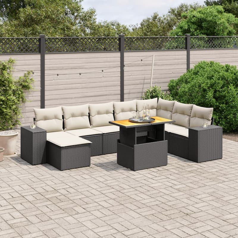 vidaXL Patio Sofa Set with Cushions Table and Stool 9 Piece Poly Rattan Acacia - 21.7 x 39.4 x 28.7