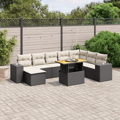 vidaXL Patio Sofa Set with Cushions Table and Stool 9 Piece Poly Rattan Acacia - 21.7 x 39.4 x 28.7