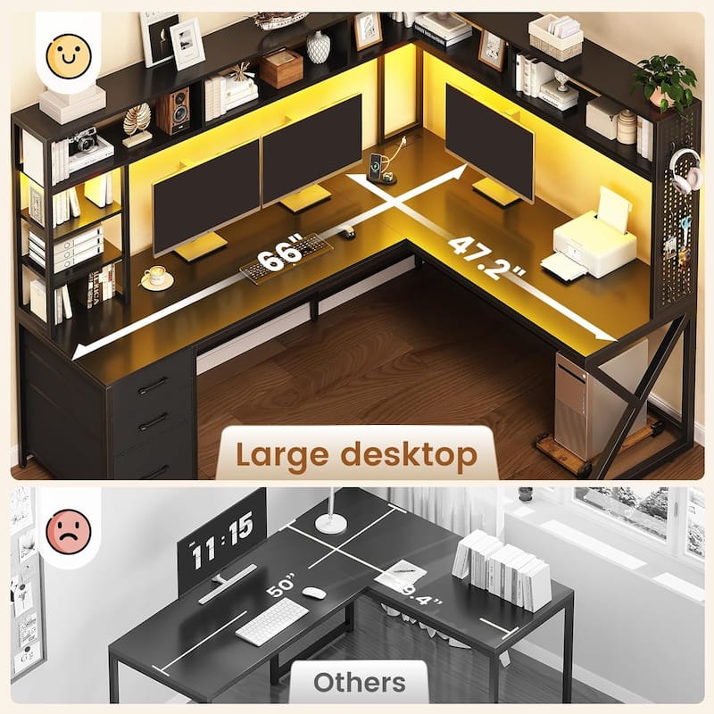 L Shaped Gaming Desk with Storage Shelves and Hutch Computer Desk 3 Drawers
