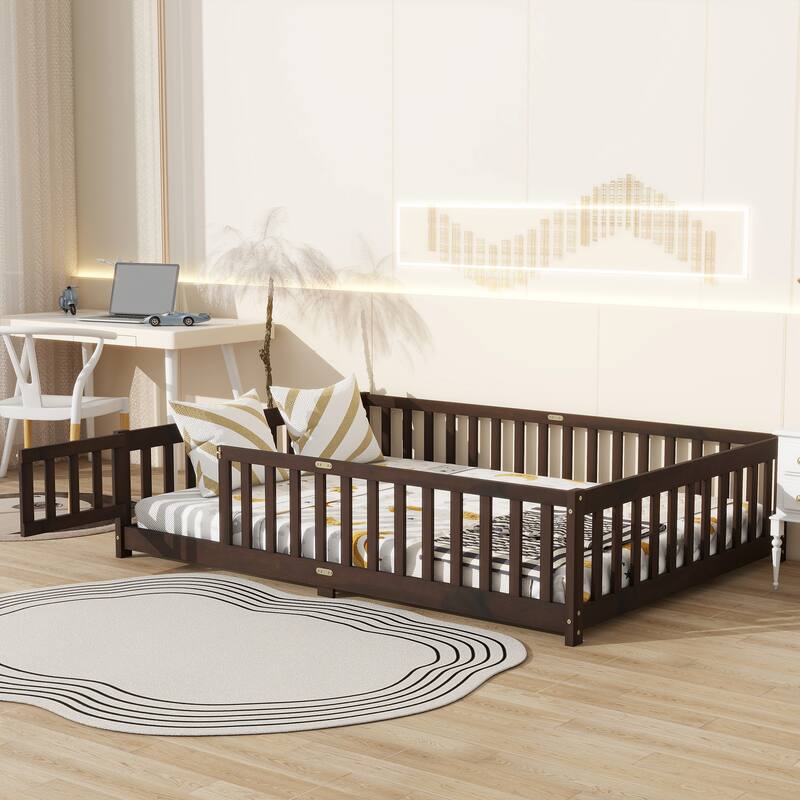 Roomfitters Twin/Full/Queen Rubber Wood Floor Bed with Fence and Swing Door, Safety Guardrails, Low Profile Design