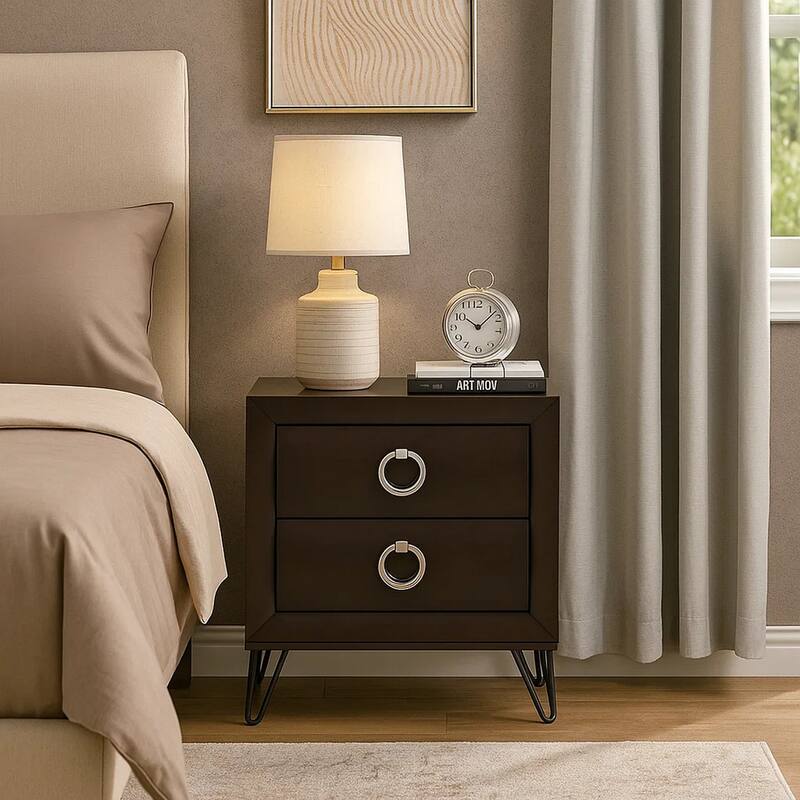 2 Drawer Wooden Nightstand with Metal Ring Handles and Harpin Legs, Brown