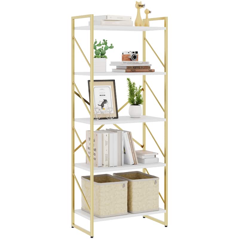 H-Shaped 5-Tier Storage Bookcase, 62.2" Tall Standing Bookshelf with Adjustable Feet