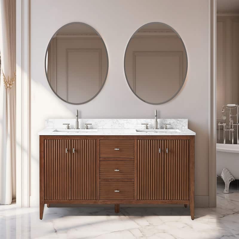 Vanity Art 60" Double Sink Bathroom Vanity Cabinet with Engineered Marble Top