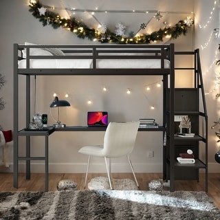 Full Size Loft Bed with Desk, Wardrobe, and USB, Black