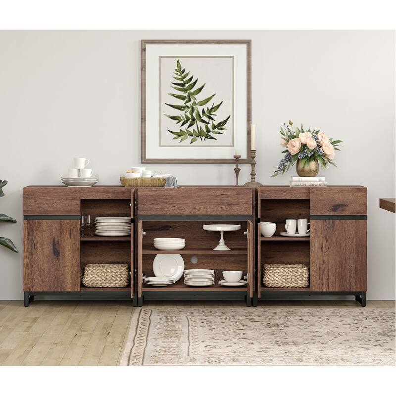 WAMPAT Modern Sideboard with Adjustable Shelves and Drawer, 3 in 1 Storage Cabinet with Glass Doors for Living Room, Kitchen