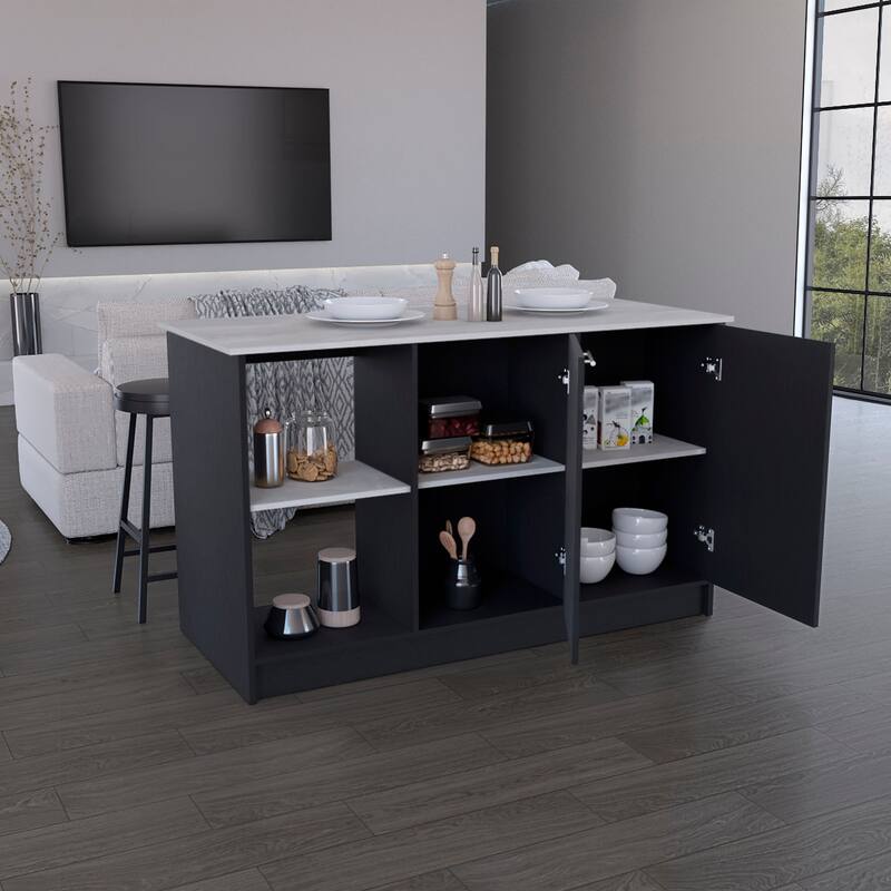 Kitchen Island with Large Countertop, Open Storage Shelves and Double Door Cabinet