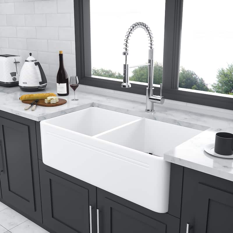 Farmhouse Kitchen Sink Apron Front Double Bowl 50/50 Ceramic Kitchen Farm Sink