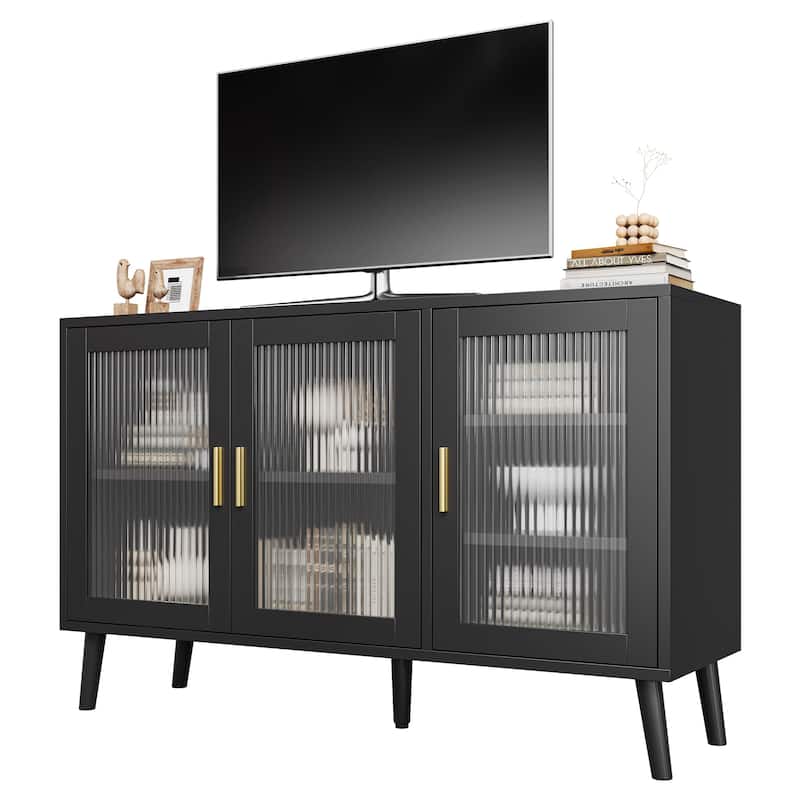 Sideboard Buffet Cabinet, 48" Kitchen Sideboard Cabinet with 3 Fluted Glass Doors Removable Shelves - Black