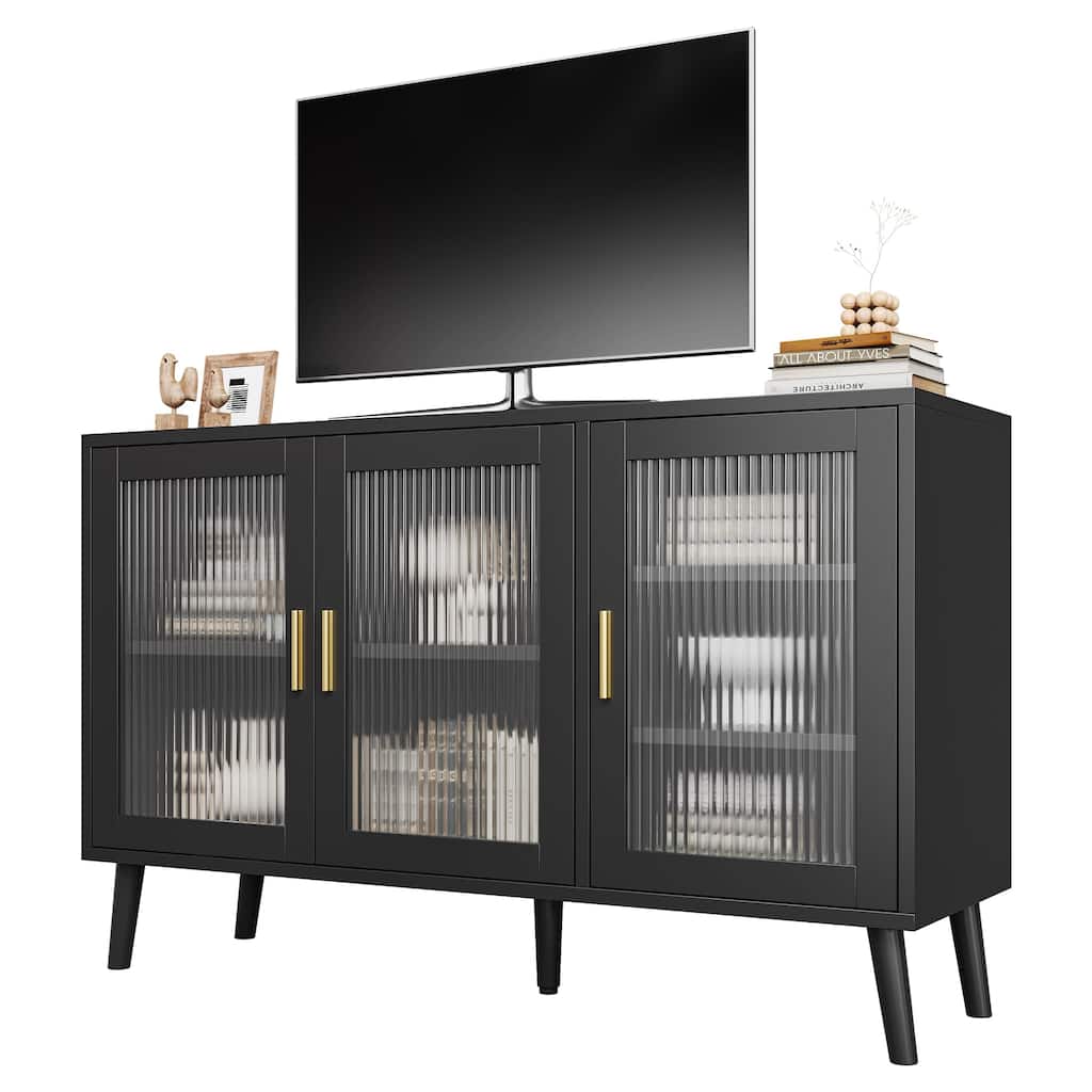 Sideboard Buffet Cabinet, 48" Kitchen Sideboard Cabinet with 3 Fluted Glass Doors Removable Shelves