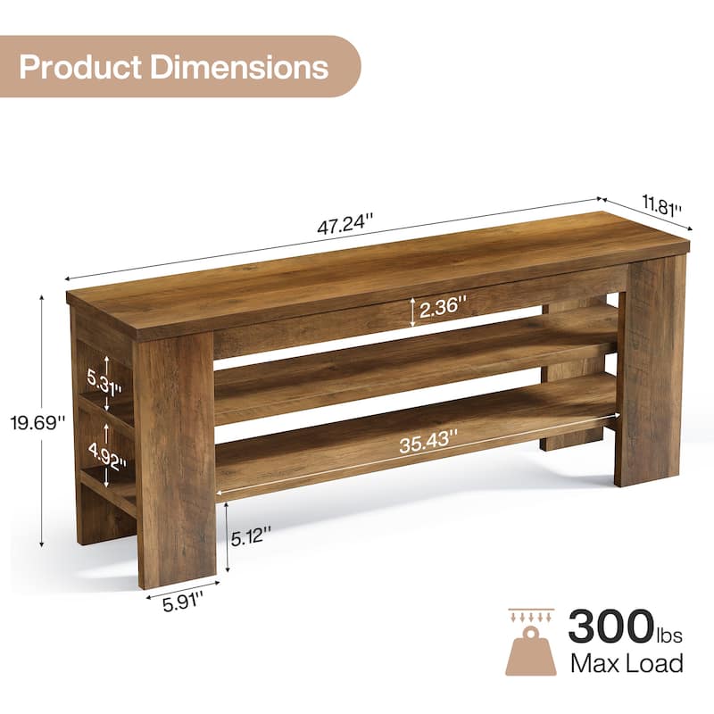 47'' Rustic Brown Wood 3-Tier Shoe Bench with Open Storage, Entryway Bench
