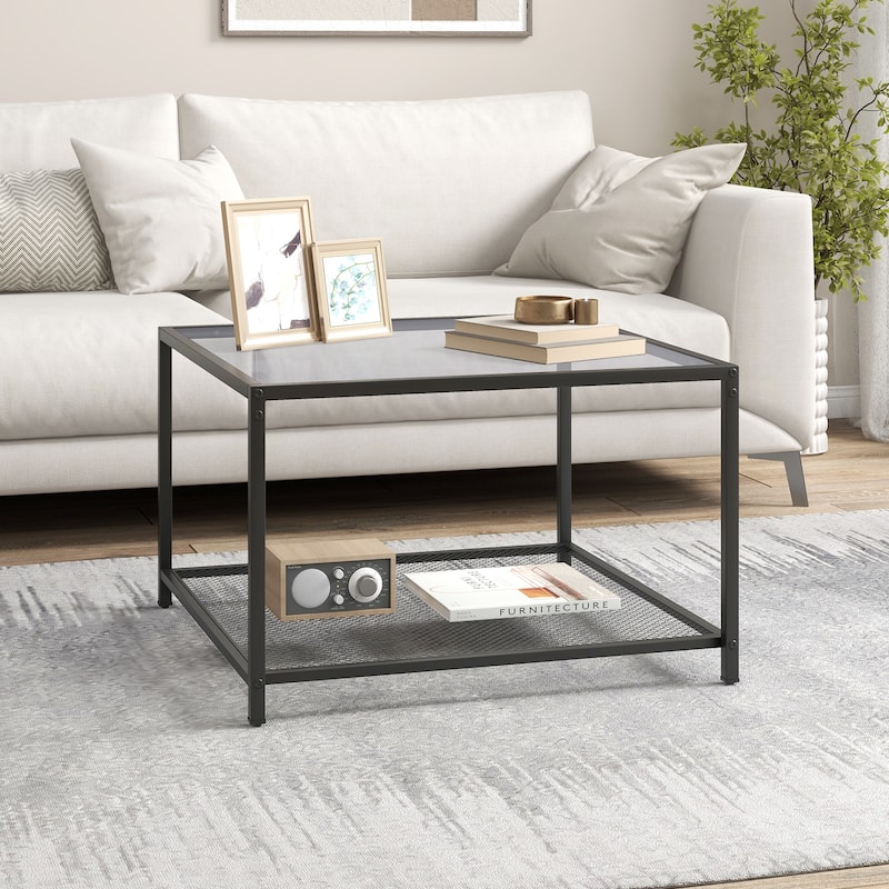 Tempered Glass and Black Metal 2-Tier Coffee Table with Mesh Shelf and 110 lbs Capacity - 27.5" x 27.5" x 18"