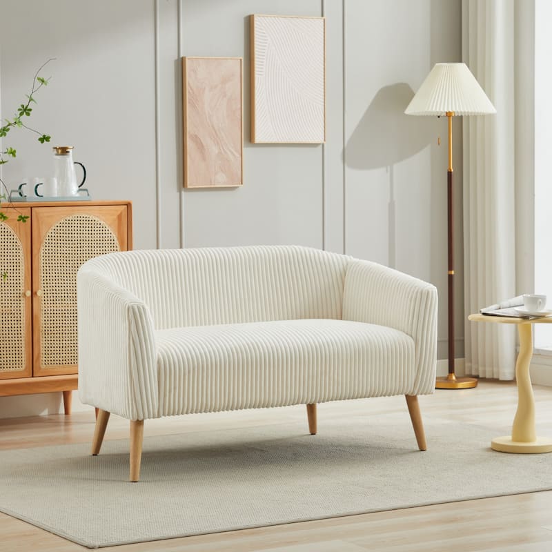 50.78" Modern Loveseat Couch Sofa, Corduroy Fabric Upholstered 2-Seat Sofa, Loveseat with Wooden Walnut Legs for Small Space - Ivory