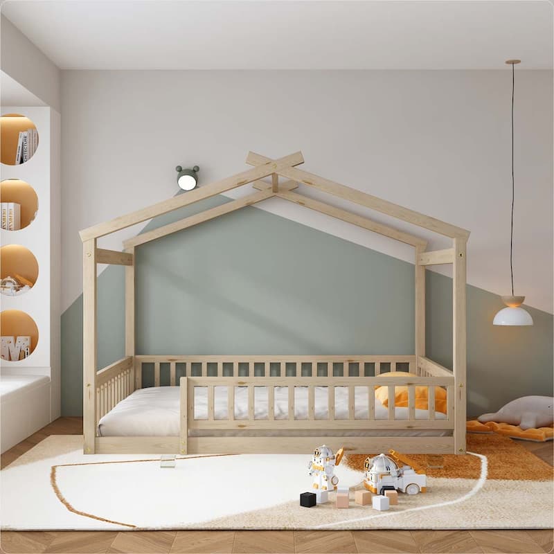 Full Size Wood Bed House Bed Frame with Fence