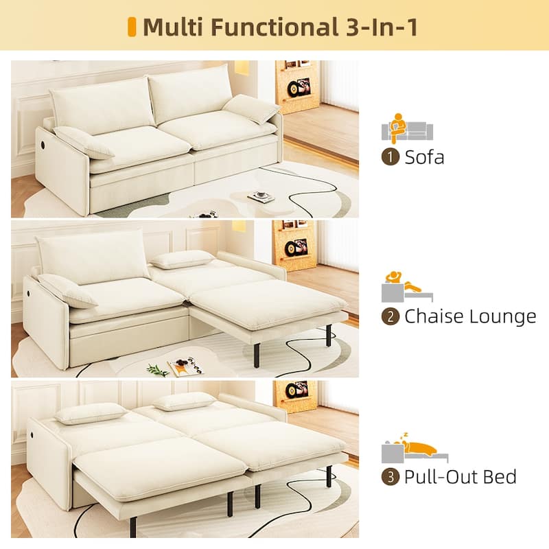 Modern Convertible Sofa Bed, Chenille Fabric Couch with Pull-Out Sleeper Bed, Living Room Loveseat with USB Port, Hidden Storage