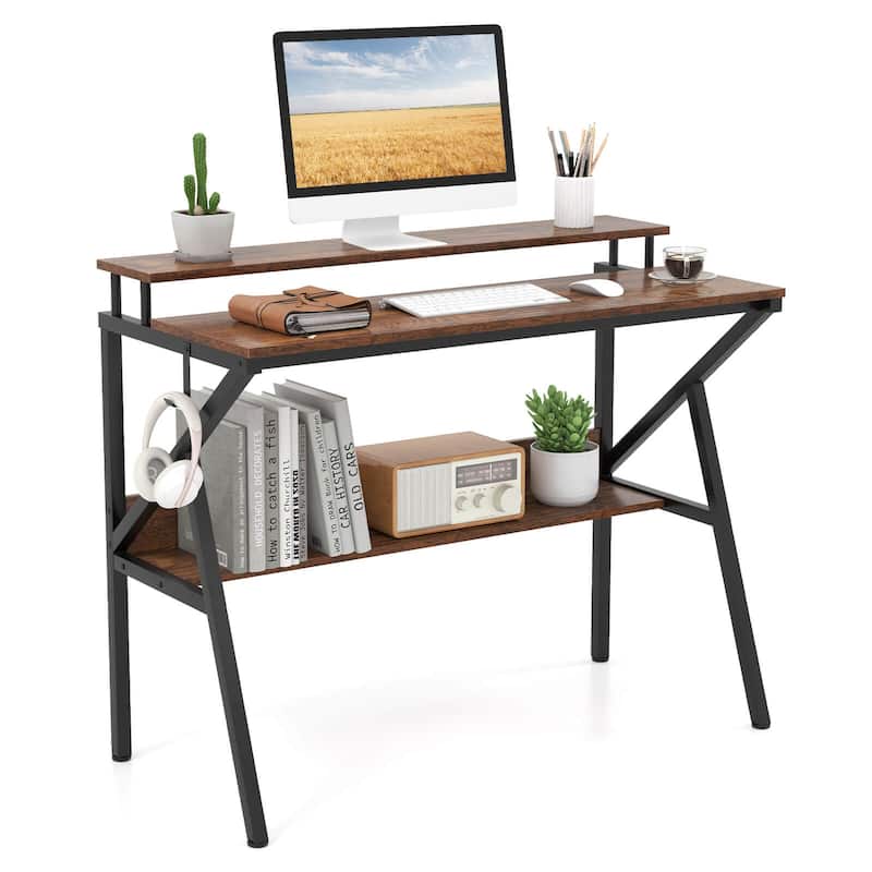Costway Home Office Desk with Monitor Stand, Open Shelf & Metal Frame, - See Details - Brown