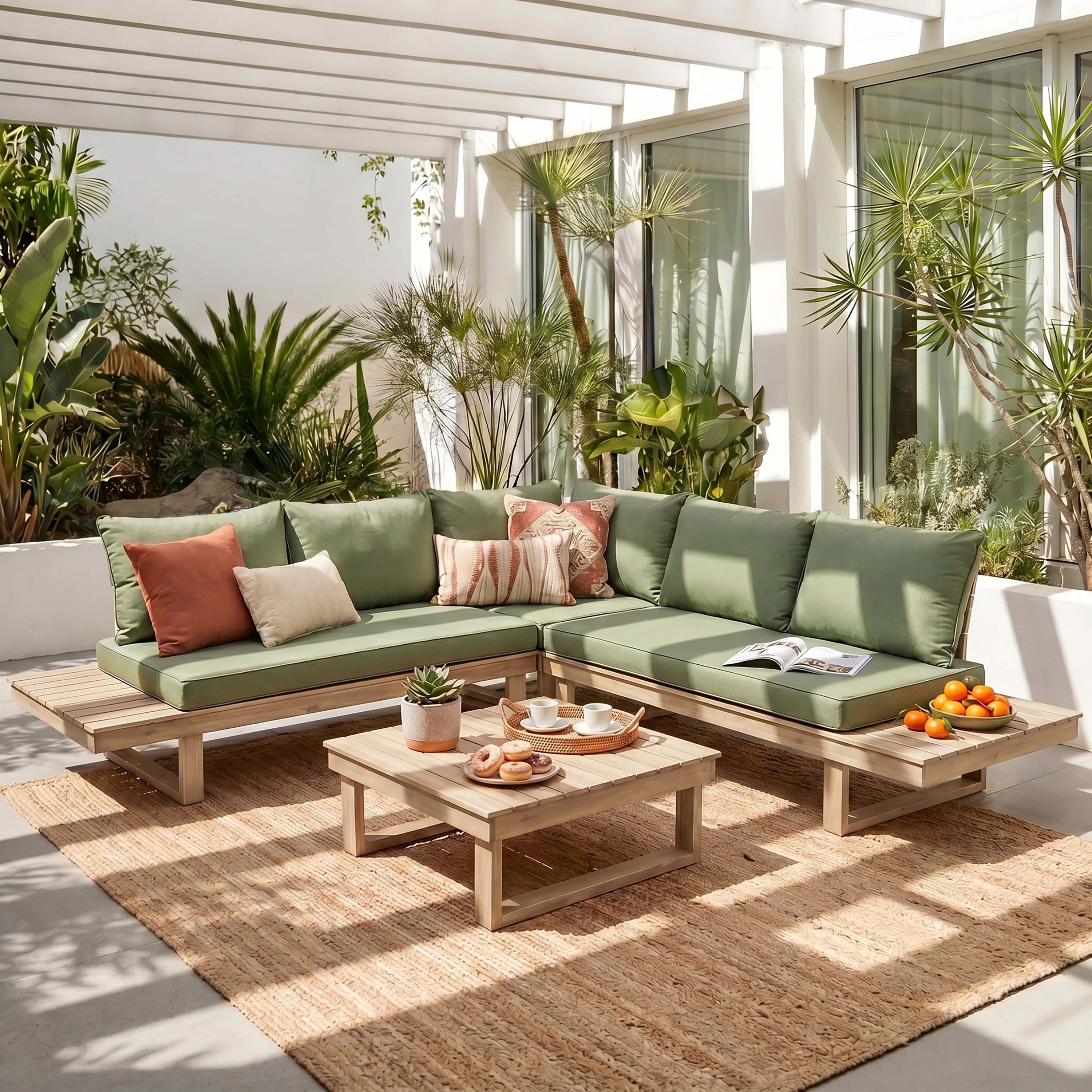 Christopher Knight Home - Tyler Outdoor 5 Seater Sectional Sofa Set, Acacia Wood with Water-Resistant Cushions and Coffee Table
