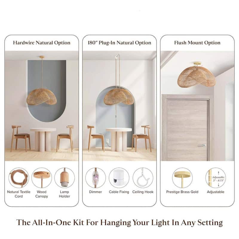 Sepherina Rattan Pendant Light Natural Large Sculptural Handwoven Light Fixture For Modern, Transitional, Farmhouse Room Décor.