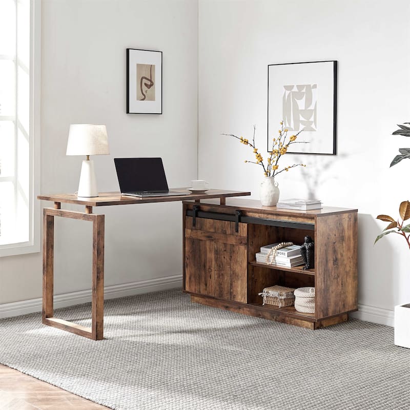 L Shaped Home Office Desk with Storage Credenza and Sliding Barn Door - Distressed Wood