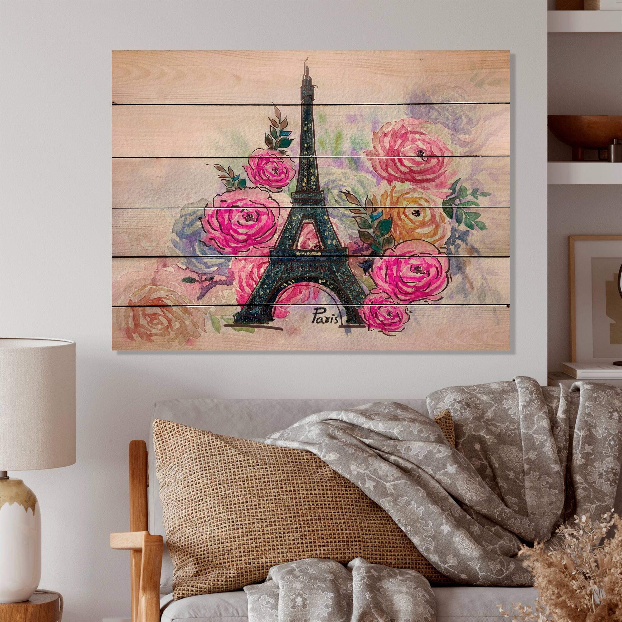 Designart 'Eiffel Tower With Rose Flowers' French Country Wood Wall Art