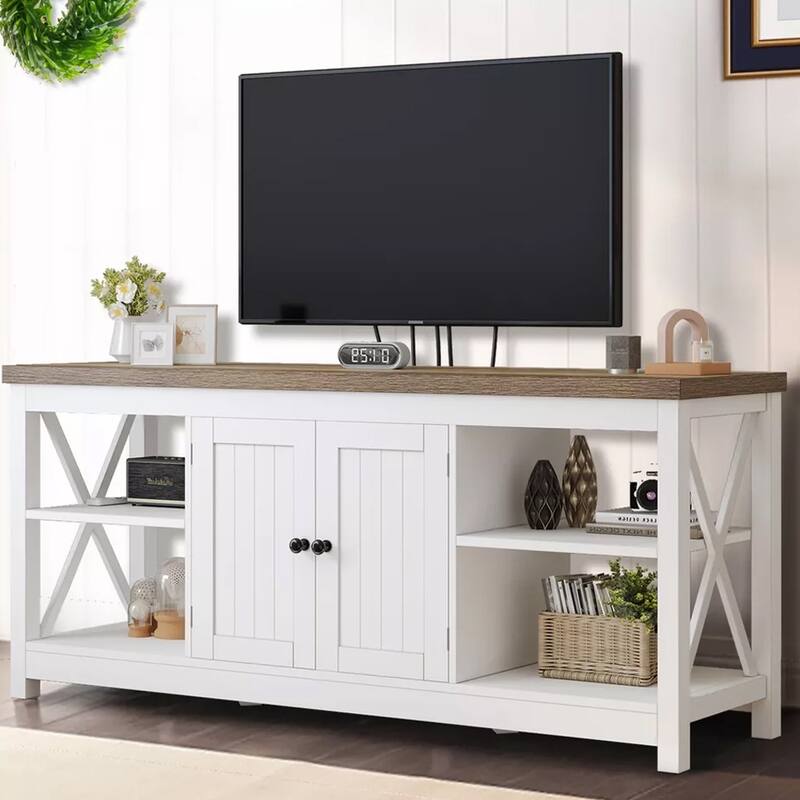 TV Stand for 65/60/55" TV Media with Power Outlets White & Beige - 58 inches