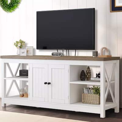 TV Stand for 65/60/55" TV Media with Power Outlets White & Beige - 58 inches