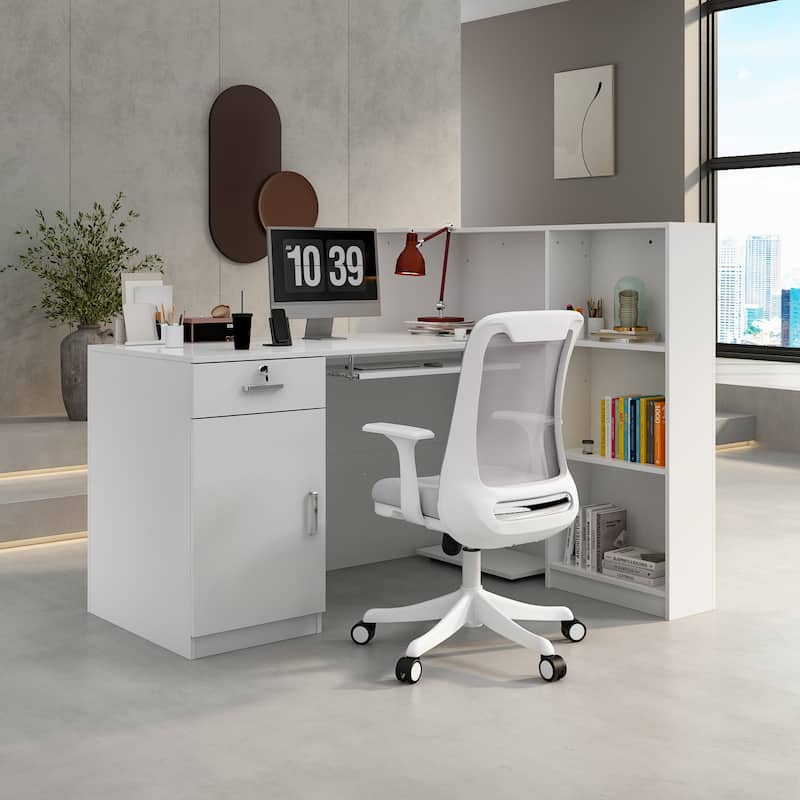 Timechee Reception Desk L-Shaped Counter w/ Lockable Storage, White