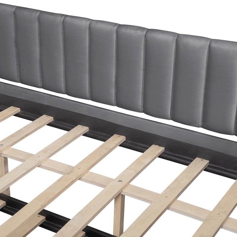 Full Size Upholstered daybed with Trundle and Wood Slat Support, Gray