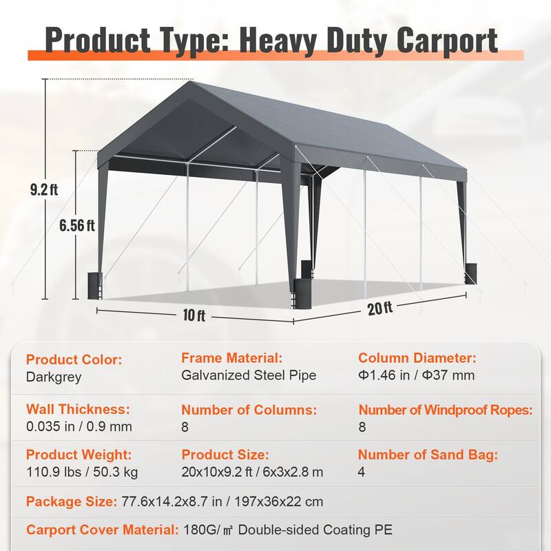 Heavy Duty Carport 10x20ft Outdoor Canopy Shelter with Reinforced Poles - 120 x 240 x 111.6 Inch