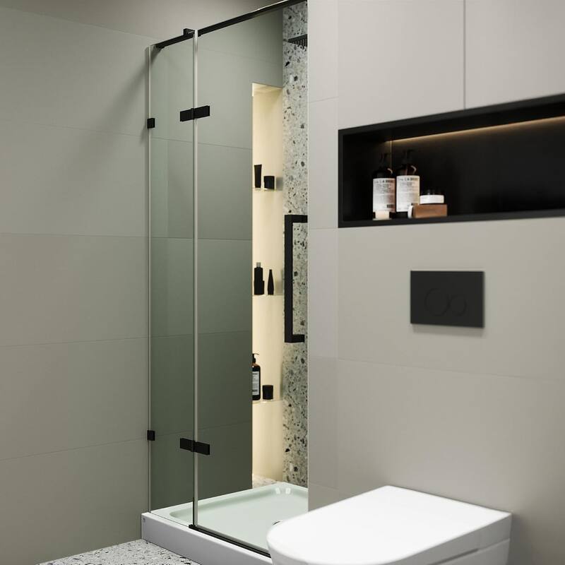 Frameless Clear Tempered Shower Glass Door with Shower Base Kit