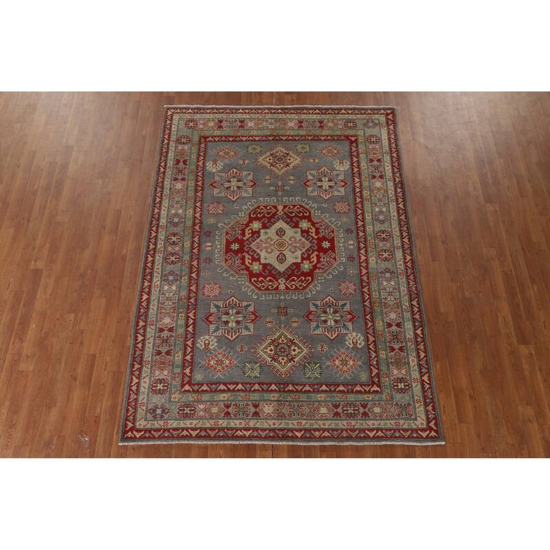 Gray Geometric Kazak Oriental Area Rug Handmade Wool Carpet - 5'7" x 7'11"