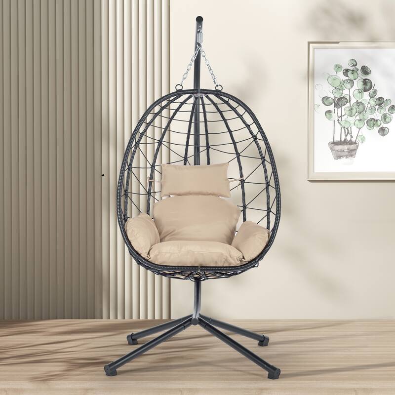 Rattan Hanging Chair with Stand & Cushion