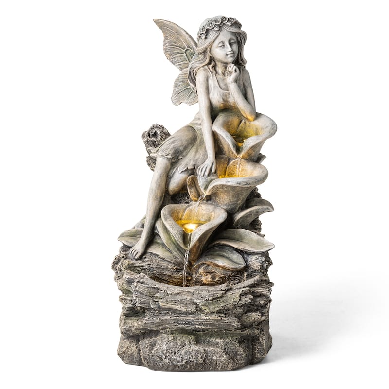 Glitzhome 22"H 4-Tiered LED Lighted Mermaid Fairy Polyresin Outdoor Floor Statue Fountains - Fairy