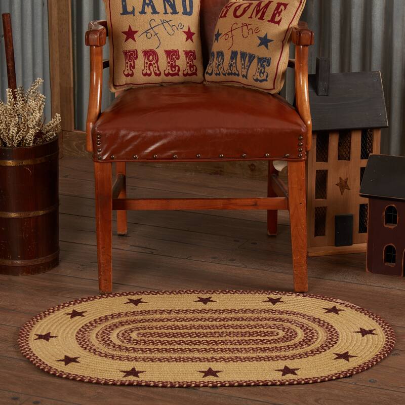 Burgundy Tan Jute Rug Oval Stencil Stars w/ Pad 24x36 - 2' x 3' Oval - 2' x 3' Oval - Red