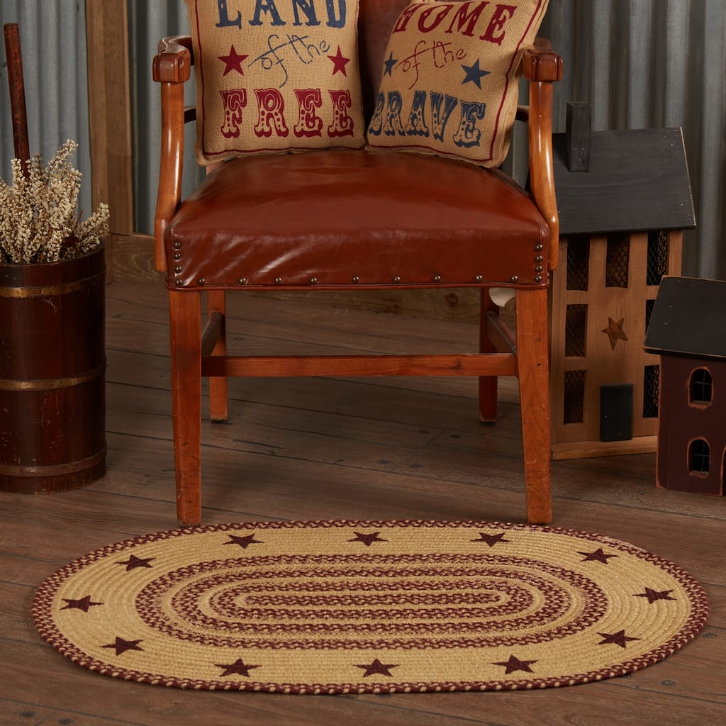 Burgundy Tan Jute Rug Oval Stencil Stars w/ Pad 24x36 - 2' x 3' Oval