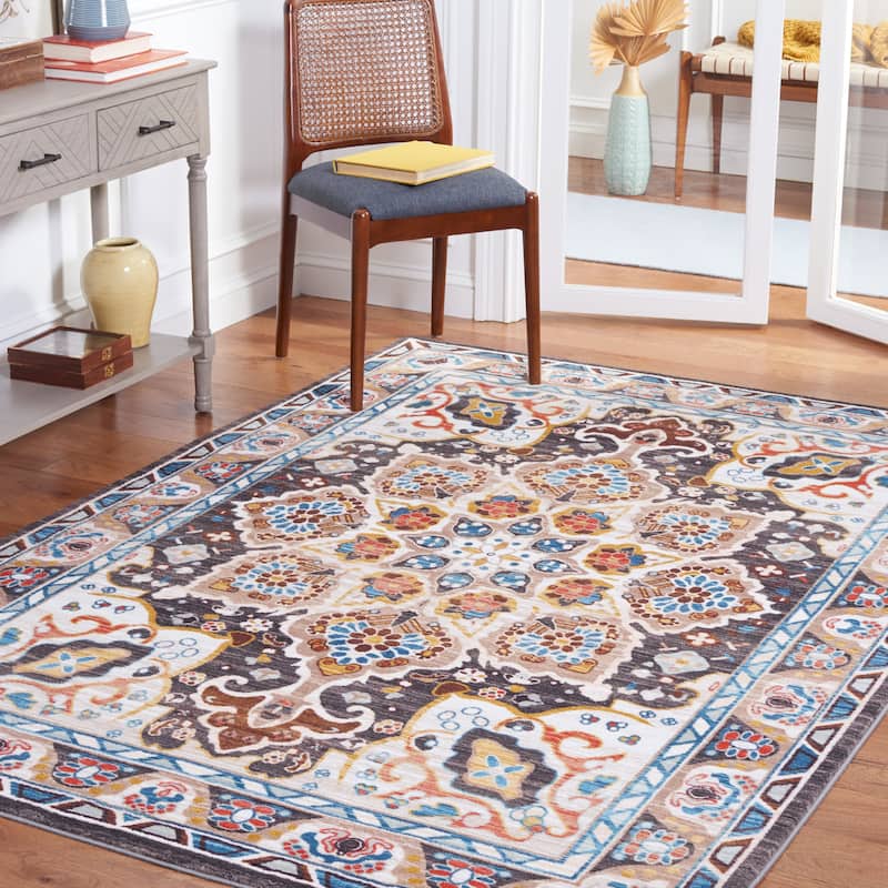 SAFAVIEH Riviera Machine Washable Slip Resistant Wilma Oriental Rug - 5'5" x 7'7" - Beige/Charcoal