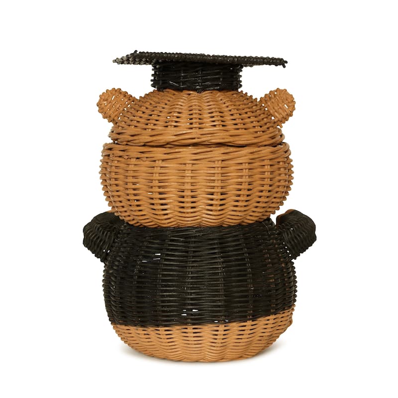 Graduation Bear Rattan Storage Basket with Lid Decorative Home Decor Hand Woven Shelf Organizer Cute Handmade Handcrafted Gift