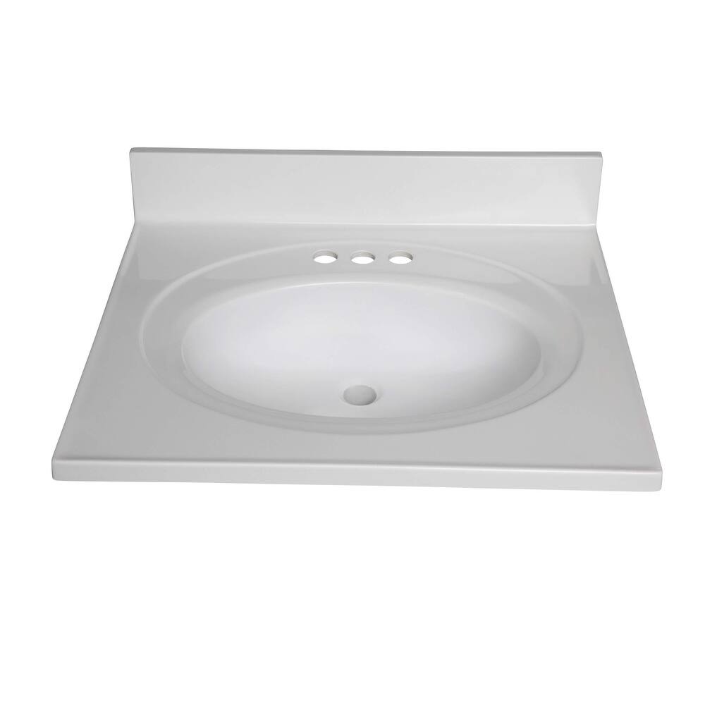 Fine Fixtures White Cultured Marble Top With Integrated Sink, 4" Backsplash and Overflow Included.