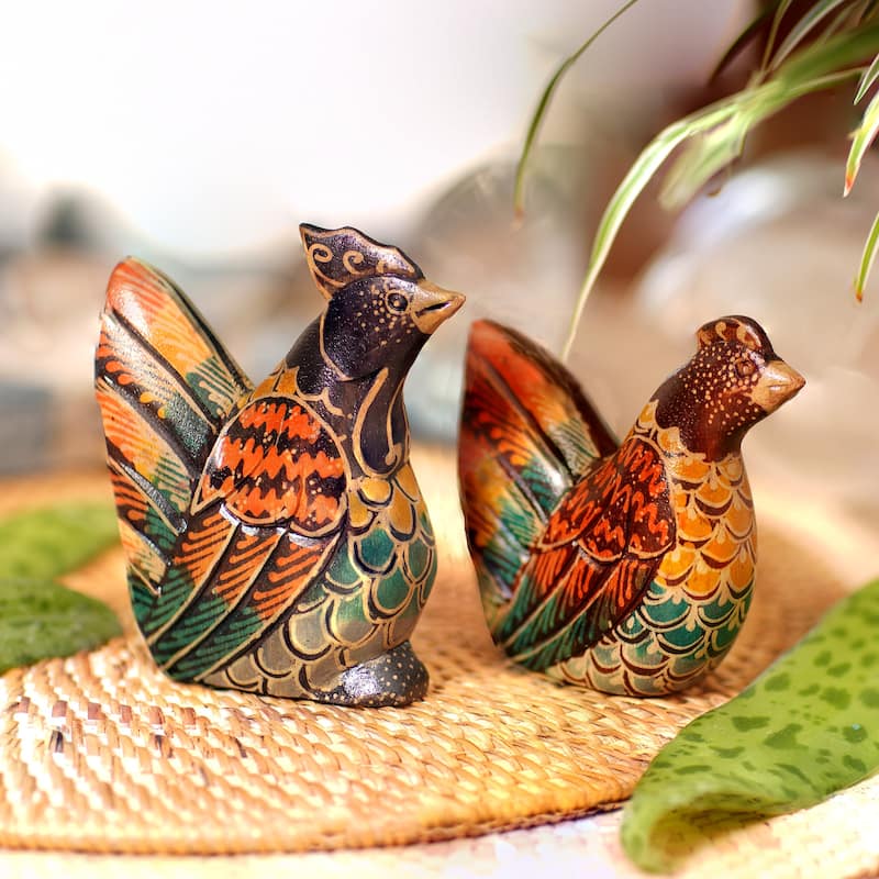Novica Handmade Chicken Couple Wood Figurines (Set Of 2)