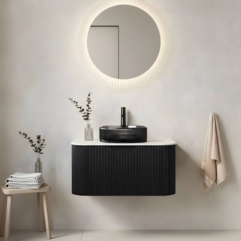 Wall Mounted Bathroom Vanity with Transparent Black Round Glass Basin - 30 - Black