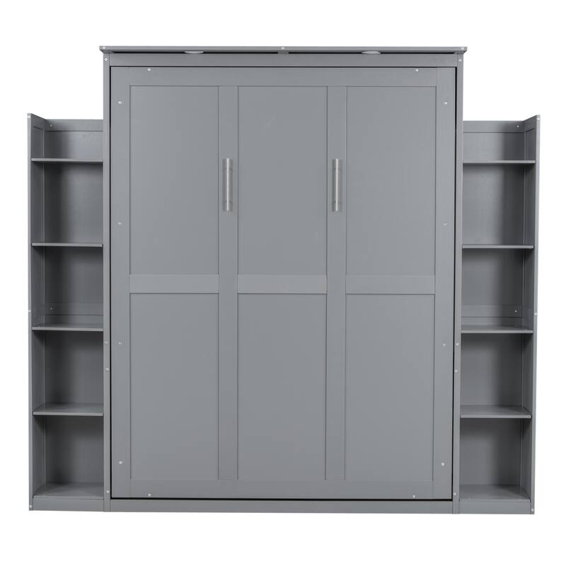 Queen Size Wooden Wall Murphy Bed with Side Bookshelf & LED Lights