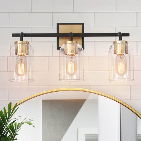 Modern Farmhouse Black Gold 3-Light Bathroom Vanity Light Cylinder Glass Wall Sconces - L19.5" x W7.5" x H10"