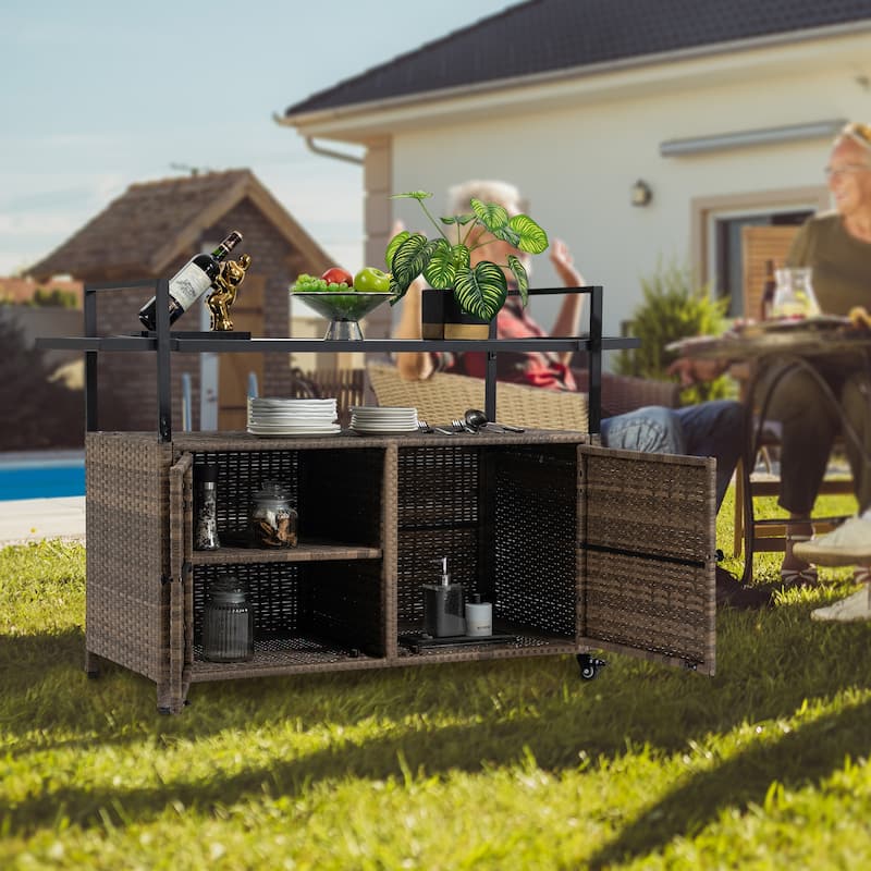 Outdoor Wicker Bar Cars with Glass Top for Porch Backyard Garden Poolside Party