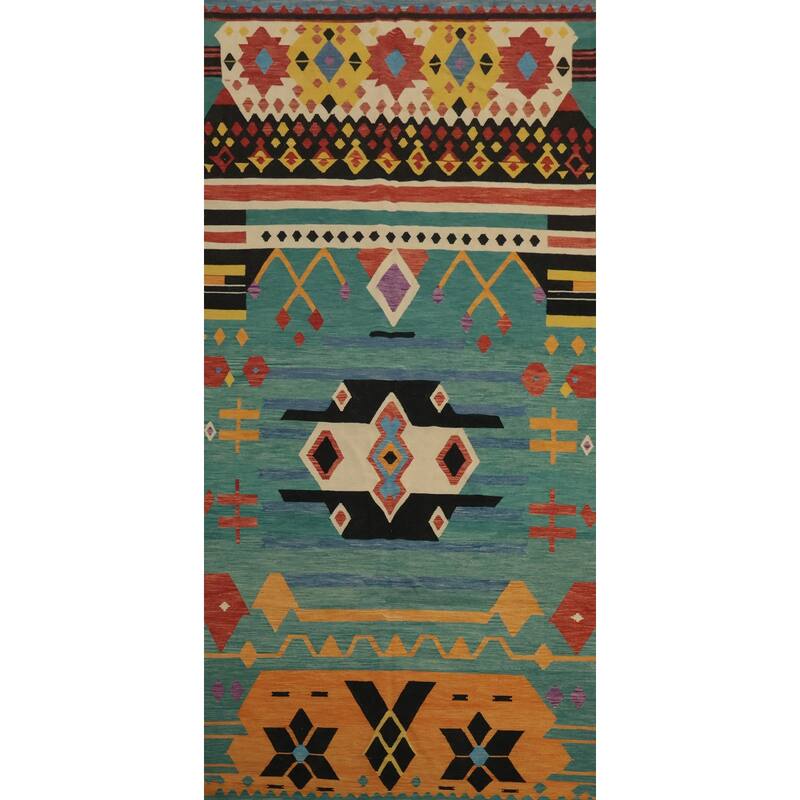 Hand Woven Oriental 100% Wool Carpet Southwestern Tribal Green Kilim Area Rug - 14' 10'' X 6' 9''